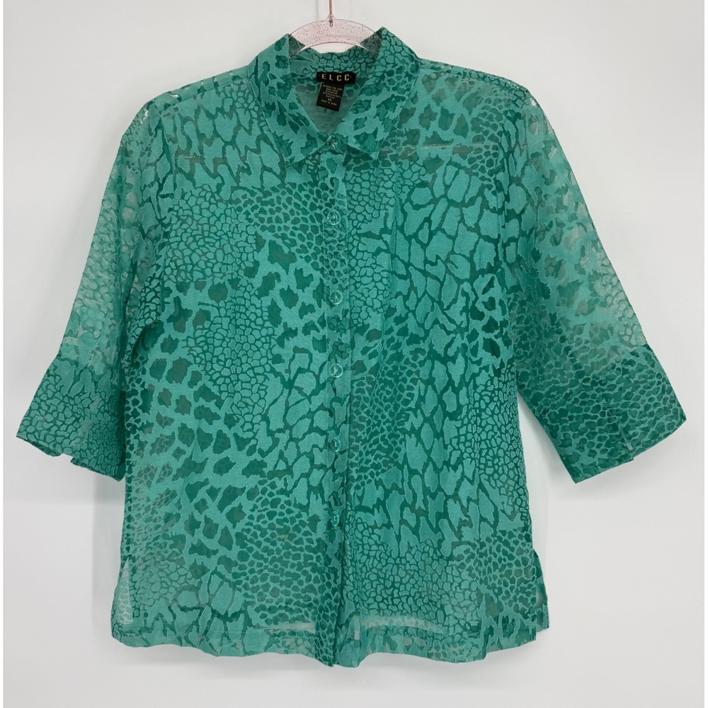 ELCC Womens Sheer Mesh Button Down Shirt Teal Green Animal Print Size PS Petite‎